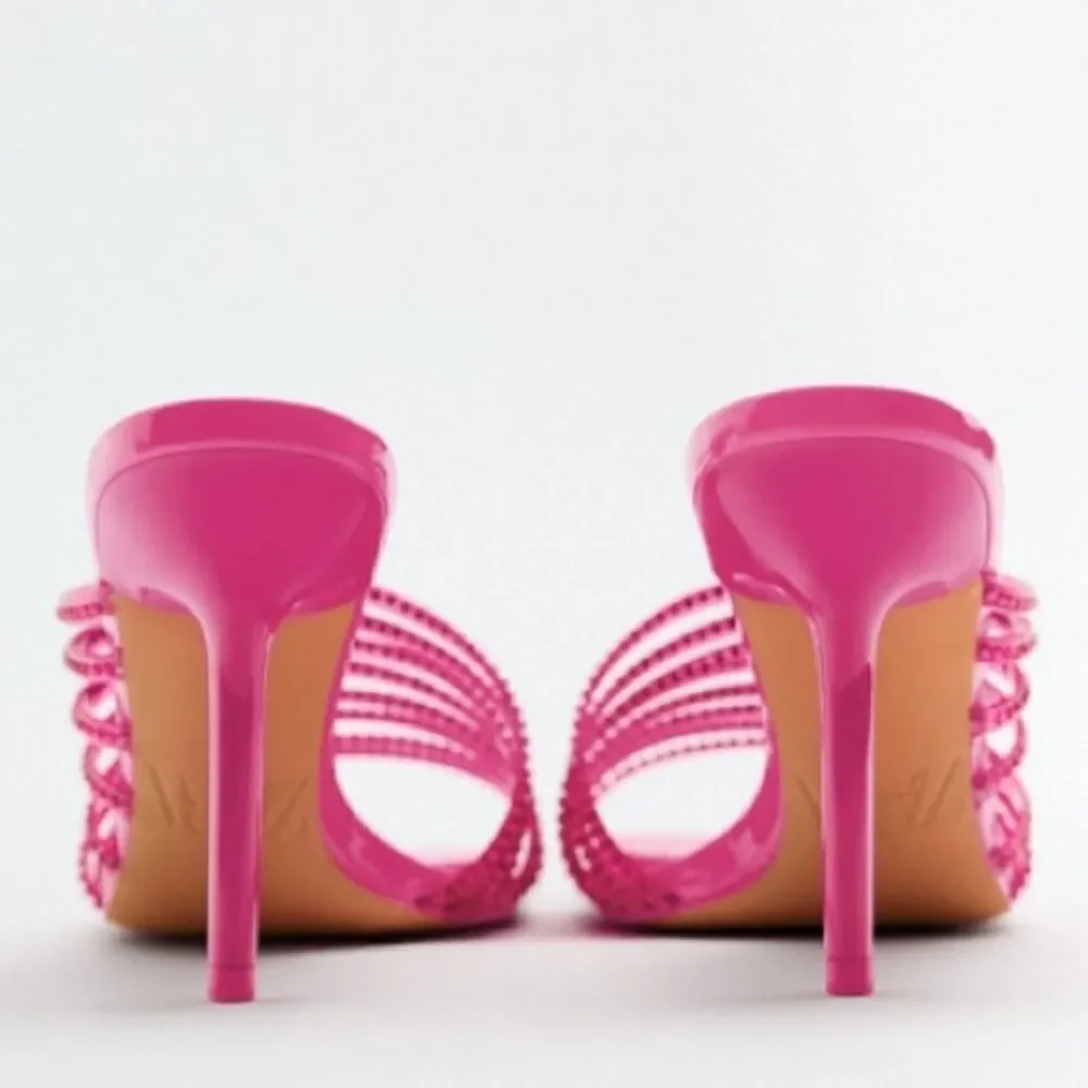 Zara Vinyl Pink Rhinestone Squared Toe High Heels Dress Sandals Shoes Size 8 - Picture 8 of 13